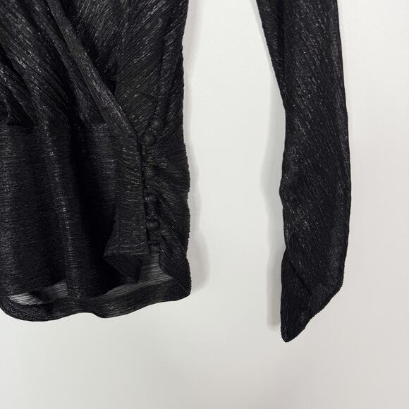 Kinly XSmall XS Black Metallic Surplice VNeck Long Sleeve Blouse Top Ruched Hem - Picture 5 of 8